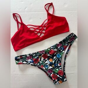 Red and Floral Mismatched Two-Piece Bikini Size Medium